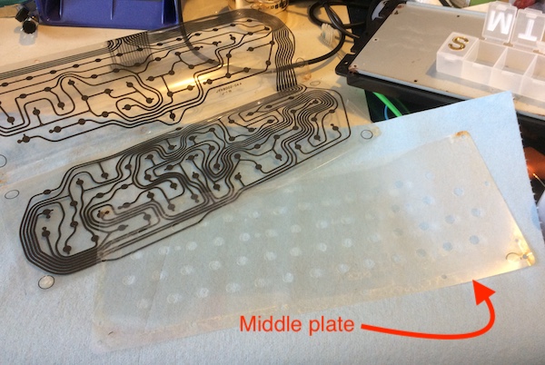 The middle plastic sheet is removed from between the membrane sandwich. It is just a sheet of plastic with holes cut in it for the keys.