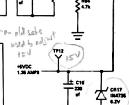 Someone has circled TP12 and wrote "+5V" next to it. If that isn't enough reassurance, there's also a label next to it saying "+5V, 1.36 amps"