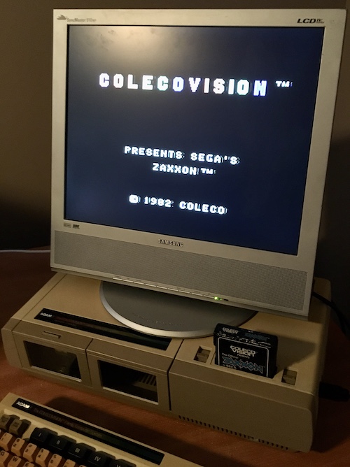 The Zaxxon boot splash is displayed. ColecoVision Presents Sega's Zaxxon.