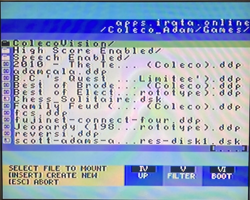The Coleco Adam games listing on Irata Online. It offers ColecoVision games, as well as some modified for High-Score Enabled and Speech Enabled. Then it lists a series of Coleco Adam games including 2010 and some Scott Adams adventures.