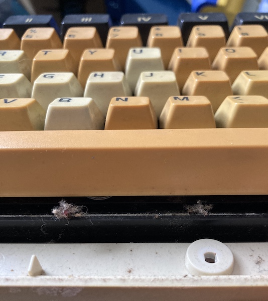 Some of the gunk inside the keyboard. Notice how some keys are still white, but others are badly yellowed. How does that even happen?