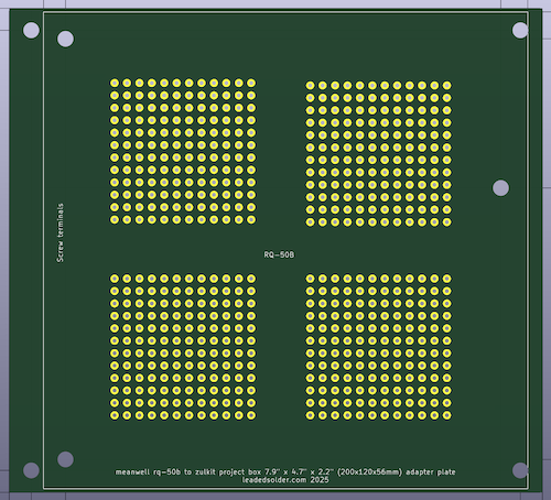 The mounting plate, as seen from KiCad. It has some holes, for installing the power supply. It has some other holes, for screwing it into the case. It has a bunch of holes in the middle, for a prototyping area. There's not much to write home about here. I'm sorry to have wasted your time reading this. Rest assured it gets better from here on.
