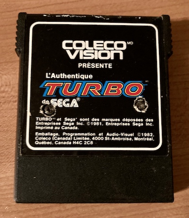 The cartridge label of the "Turbo" cartridge. It's in French ("L'Authentique Turbo de Sega,") because it was sold in Quebec.