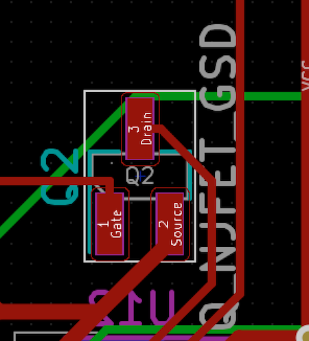 The footprint with the proper pins set. The top is drain, and the bottom two are gate and source, from left to right.