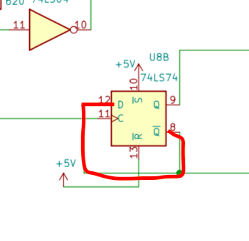 The schematic that I discovered after fabrication. The not-Q output is connected to the D-input.