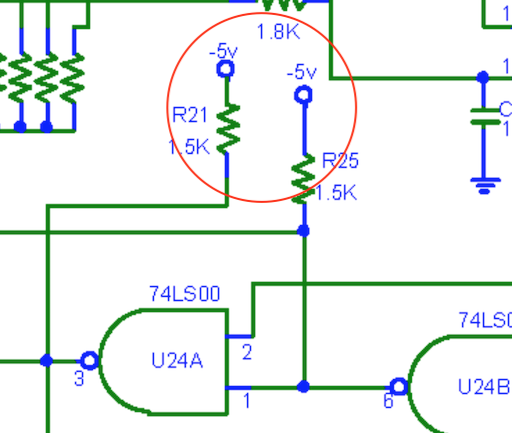 Two 74LS00 gates are connected to a -5V rail through 1.5kΩ 'pull-up' resistors