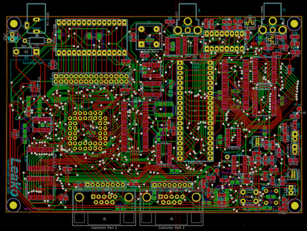 The v0.1 version of the ColecoVision clone board. Red traces are on the 'top' of the board and green are on the 'bottom.'