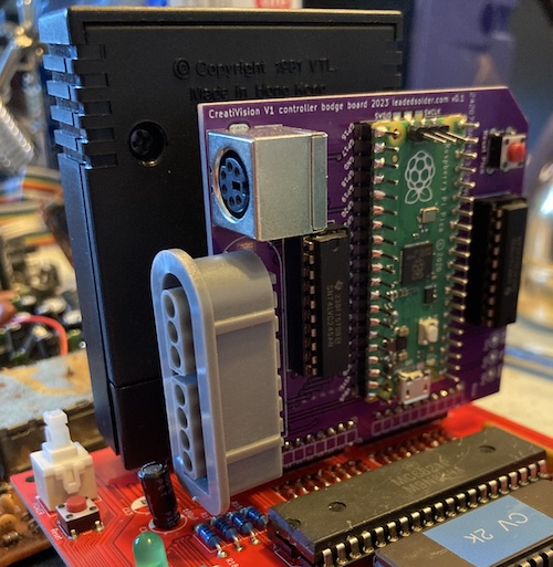 The silkscreen on the controller board is visible: Creativision V1 controller bodge board 2023 leadedsolder.com v0.1.