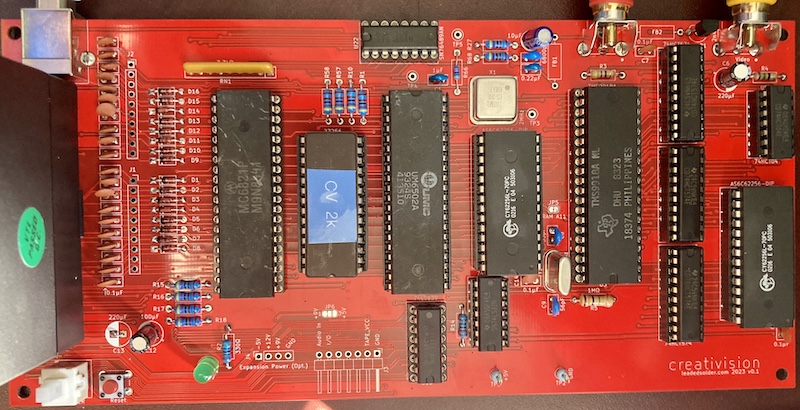 The Creativision board pictured from the top, missing ferrite beads and several other connectors, but working.