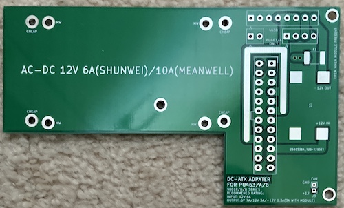 The bare PU-463 board. Notice the funky L-shape and two sets of 12V supply mounting holes: "CHEAP" and "MEANWELL."