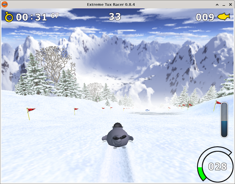 A penguin is sliding down an icy slope. The framerate at the top of the screen is 33.