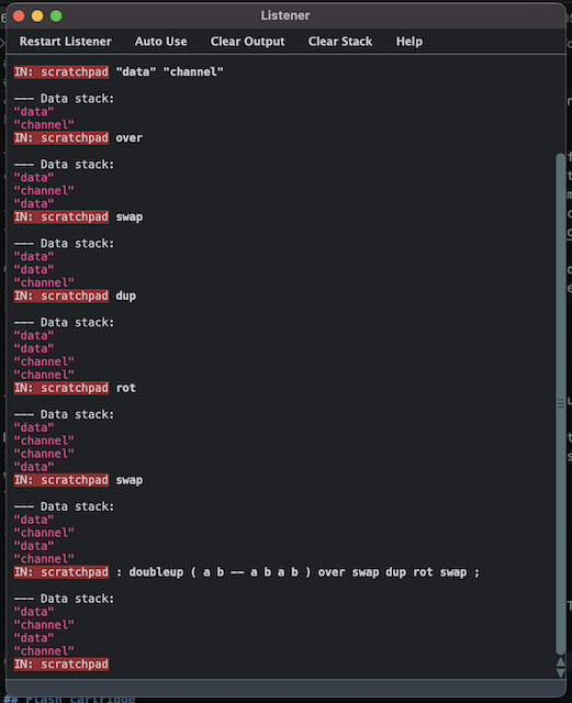 I am using the "data stack" visualizer in Factor to try and figure out exactly how to manipulate the strings "data" and "channel" on the stack.