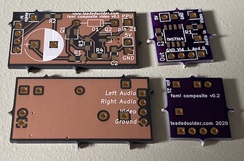 The two variants of the board - one with the traditional "homebrew amp" design, and the other with the TI THS7314 video amplifier chip.