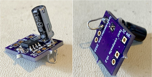 The v0.2 board, assembled. A cap leg comes out of the "R" audio hole, and then directly around in a 180 to the "L" audio hole.