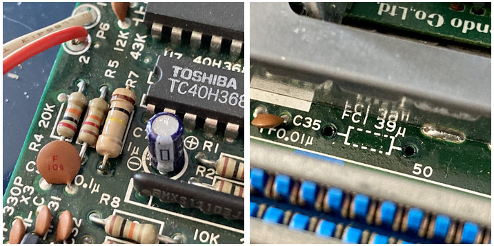 The two audio mods done. R7 is replaced with a 100kΩ resistor that I had on hand (sorry it's so big... and backward) and FC1 is removed entirely.