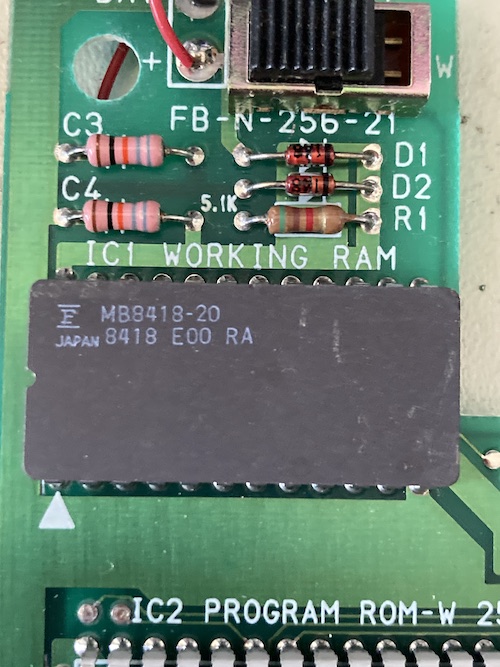 The Working RAM chip. It says MB8418-20, 8418 E00 RA. Made in Japan by Fujitsu.