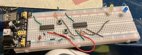 A solderless breadboard has been constructed with the soft-power circuit.