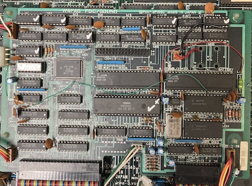 The FDC/sound board. All the bodges on this board were added during the course of this post; Fujitsu is a little more conscientious than me. The management would like to apologize for the continuity error.