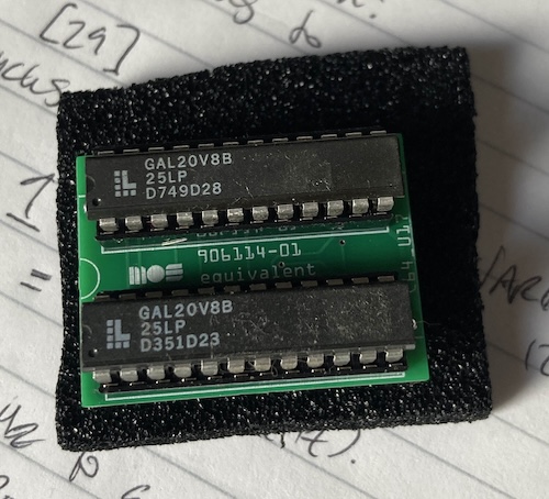 The GALPLA board is assembled. It consists of two GAL20V8B Lattice ICs, and is a tiny green board that was very annoying to solder.