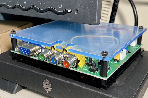 The quick-and-dirty GBS-Control build, ready for action above a Pinecil tip box and below a hammered old IBM monitor I pulled out of a trash bin. In the background is a sadly neglected Mark III, which cries itself to sleep every night.