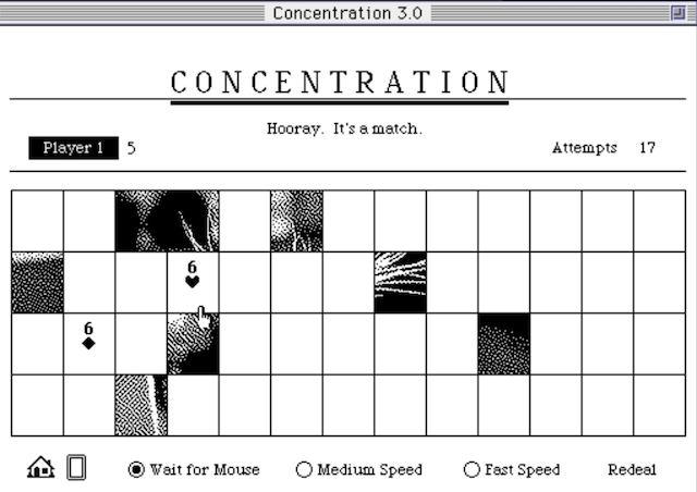 Concentration v3.0 is being run on the emulator. An image is being slowly exposed. Two 6s, one of hearts and another of diamonds, have been matched, and the game says "hooray, it's a match."