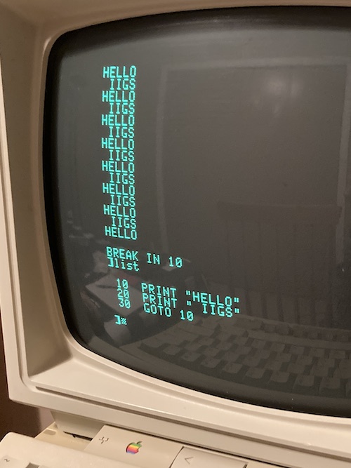 The IIgs BASIC is running the traditional "HELLO IIGS" program in a loop. The universe is at peace.