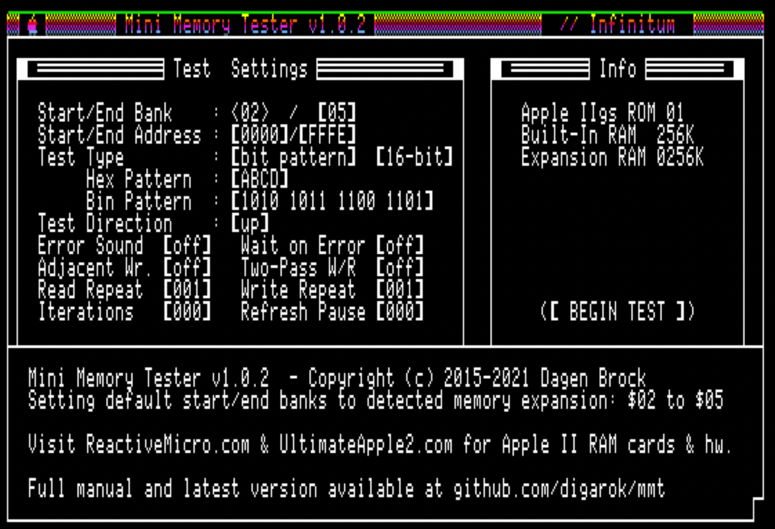 The same memory tester as before, but this time in an emulator, showing 256K expansion memory as the picture from the real machine previously.