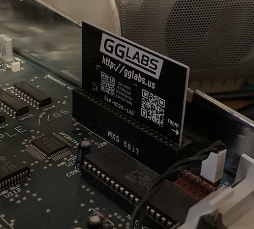 The GGLabs RAMGS/8 card is installed into the memory socket of the computer, with an arrow reading "front" pointing towards the front of the computer.