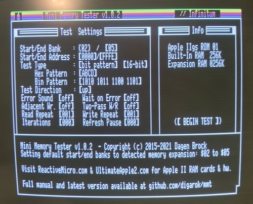 The main menu of Mini Memory Tester. It shows that I have 256K of expansion RAM and has many options for test size and quality.