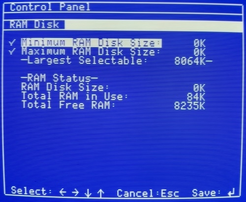 The RAM Disk screen of the IIgs Control Panel shows that the Total Free RAM is 8,235K with 84K in use.