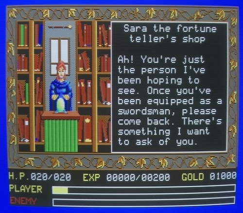 The Fortune Teller says "Sara the Fortune Teller's Shop: Ah! You're just the person I've been hoping to see. Once you've been equipped as a swordsman, please come back. There's something I want to ask of you."