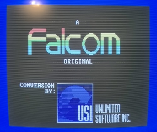 The screen reads "A Falcom original. Conversion by Unlimited Software Inc.