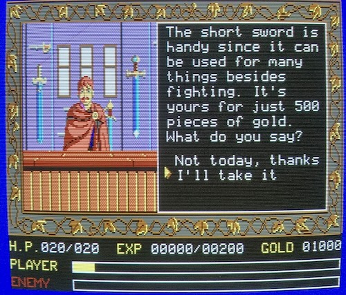 The sword seller says: "The short sword is handy since it can be used for many things besides fighting. It's yours for just 500 pieces of gold. What do you say?" The options available are "Not today, thanks" and "I'll take it."