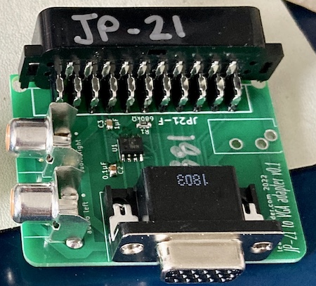 The JP21 to VGA board I constructed, containing LM1881 sync separation, but not containing the 3.5mm audio-out jack, which I forgot to order. Just don't look at that part.