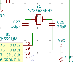 The bonehead crystal setup I had wired up. The caps should go between the crystal and ground, not inline with the crystal.