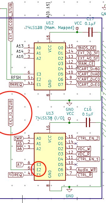 The decoder wire-up. On memory decoder U12, EXT_DECODE_STUB is wired into E3, and on I/O decoder U13, EXT_IO_STUB is wired into E2.