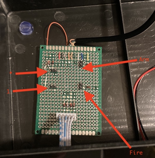 The joystick PCB, stuck into the board with a piece of double-sided tape.