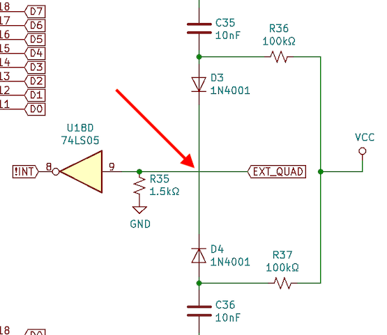 The missing junction: D3/D4 diodes are not connected to the EXT_QUAD line that in turn connects to the 74LS05 which feeds the CPU interrupt.