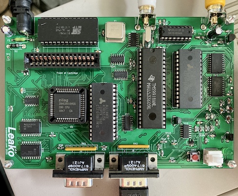 The Leako v0.6 board, fully assembled. All sockets are populated.