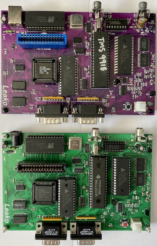 The v0.7 (top) and v0.6 (bottom) boards. Note that the cartridge slot on the newer board is blue.