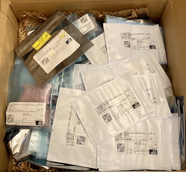 The box of parts, minus salvaged 80s components, required to make one Leako.