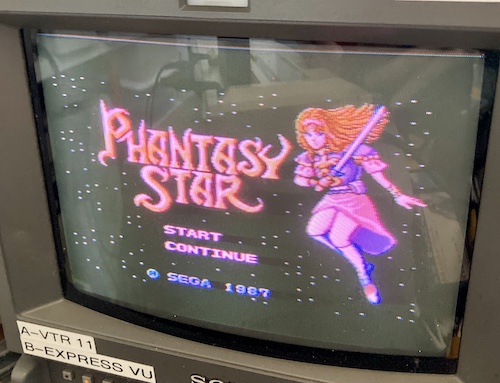 The Phantasy Star boot screen. It says Phantasy Star: Start, Continue, Sega © 1987