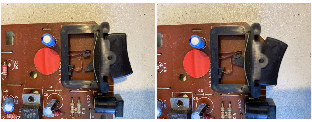 The power switch in both modes. In both modes, the two contact leafs are touching and conducting current.