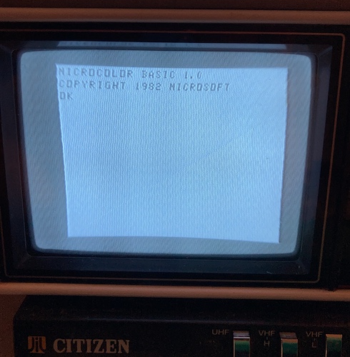 The startup screen for the MC-10. It says MICROCOLOR BASIC 1.0 COPYRIGHT 1982 MICROSOFT. OK