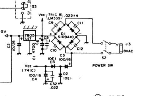 The MC-10 service manual's schematic for the rectifier section. Power flows from the power switch (right) into the rectifier (middle, the pack of four diodes) and then into the 7805.