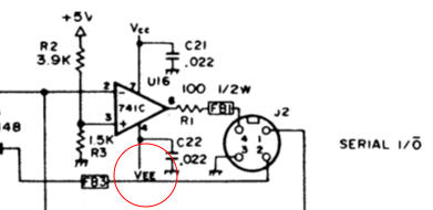 The VEE supply goes to the op-amp feeding the serial port.