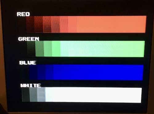 The service menu is displaying the colours. Red, green, and blue are all maxed out early and way too bright.
