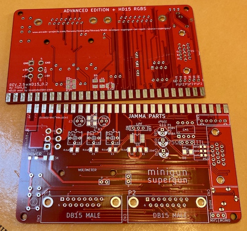 The fabricated HD15 minigun board. It looks basically the same as the Gerber viewer above, but with nicer-looking text.