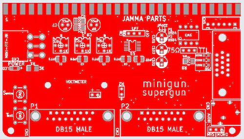 My altered version of the original Minigun board, now with an HD15 connector on the edge. As viewed by the JLCPCB Gerber viewer, which has some very strange text-rendering artifacts, doesn't it?