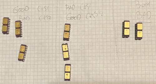 The test results: eight chips are sitting on a piece of grid-lined paper, with "Good Cas1/Bad Cas2" (3 chips,) "Bad Cas1/Good Cas2" (3 chips,) and "Both Bad" (2 chips) lined up.